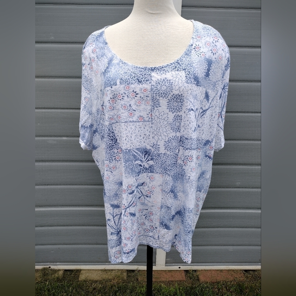 J.Jill Pure Jill Plus Patchwork Print Short Sleeve Linen blend Tee Top Blouse 4X